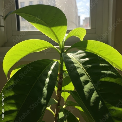 Vibrant Green Avocado Plant Leaves Bathed in Sunlight Near Window.