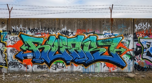 Vibrant Graffiti Art on Concrete Wall with Barbed Wire Fence.