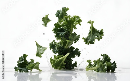 Fresh green kale leaves splashing in water on white background.