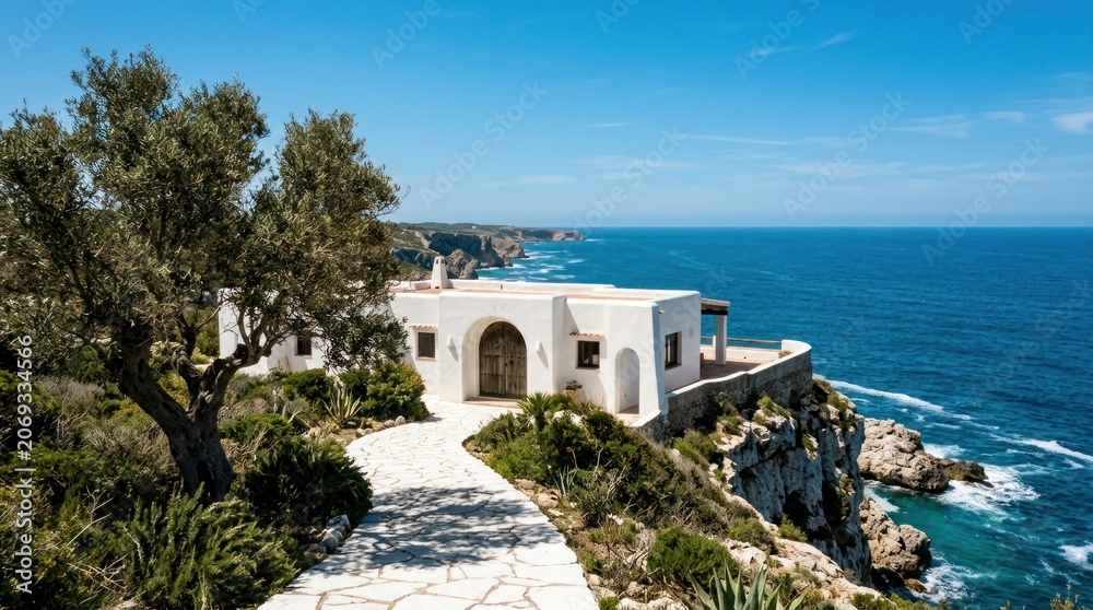Fototapeta premium Stunning White Villa Perched on a Cliff Overlooking the Azure Mediterranean Sea.