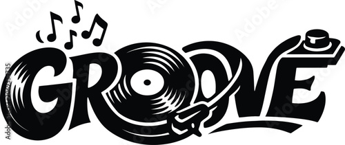 Groove music typography logo design with vinyl record and notes