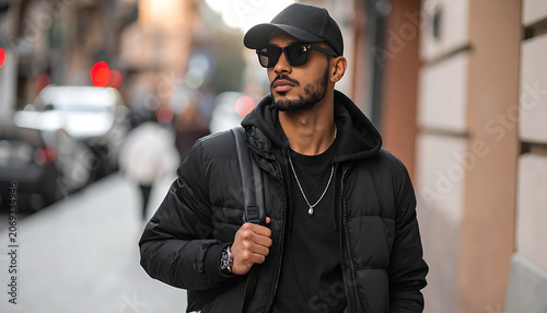 Man in black puffer jacket and baseball cap walking on city street, stylish streetwear fashion, urban lifestyle