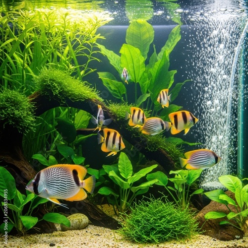 Vibrant Freshwater Aquarium With Tropical Fish and Lush Green Plants.