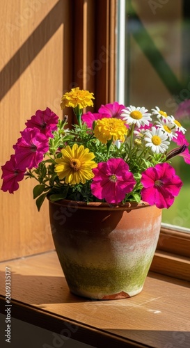 Vibrant Flower Pot Arrangement on a Sunny Windowsill.