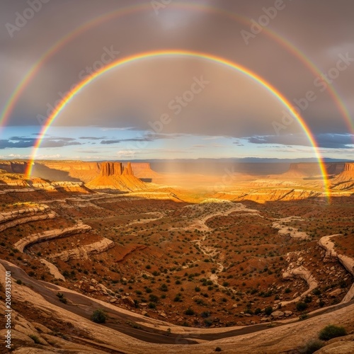 Vibrant Double Rainbow Arches Over Arid Desert Landscape.