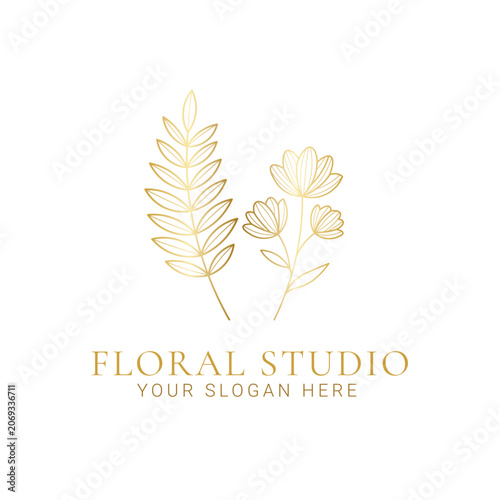 Luxury gold floral studio logo design with minimalist line art bouquet and leaf branch template