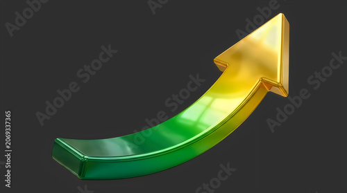 Golden and green glossy 3d curved arrow pointing right direction