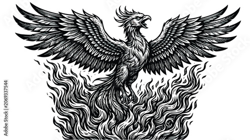 Quadro su tela Vintage phoenix bird rising from fire, mythical firebird woodcut illustration, m