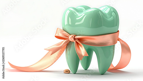 mint green tooth with ribbon and bow, dental care gift concept, isolated on white background