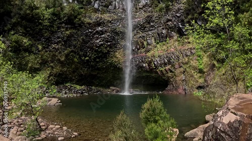 Waterfall Viewed from the Pool at Its Base, Madeira, Portugal