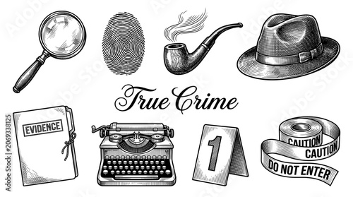 True Crime Detective Investigation Vector Illustration Set with Vintage Noir Style Icons