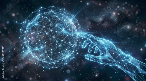 Glowing wireframe hand reaches toward digital sphere in starry space