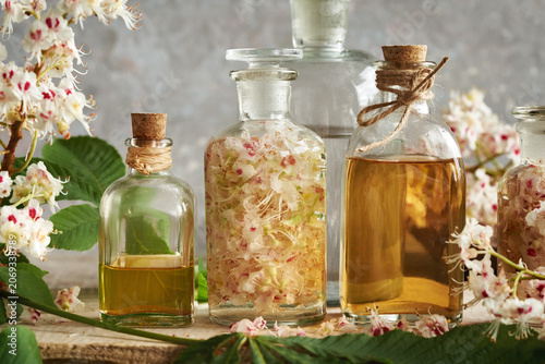 Horse chestnut flower tincture in several glass bottles on a table