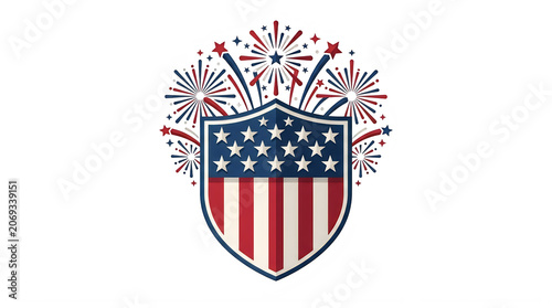 American shield emblem with stars and fireworks celebrating national pride isolated on transparent background