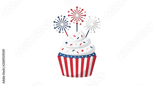 Red white and blue cupcake with fireworks celebration design isolated on transparent background