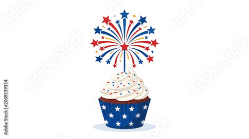 Celebratory cupcake with american flag fireworks design on top isolated on transparent background