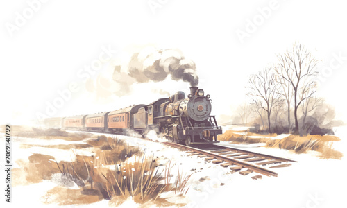 Foto Retro steam engine train moving on tracks in snowy landscape painting watercolor