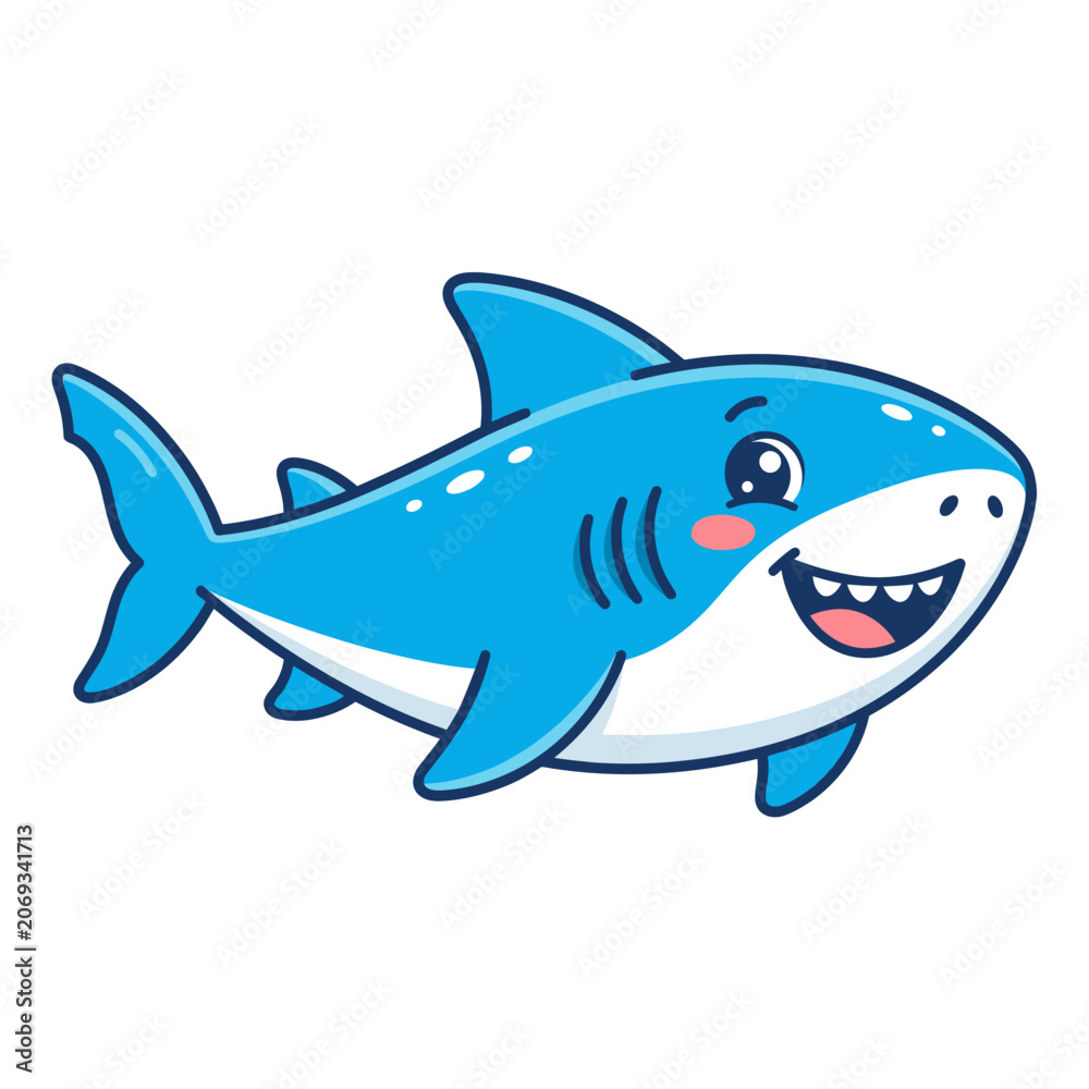 Fototapeta premium Cute Blue Cartoon Shark Character Smiling Single Vector Icon Design