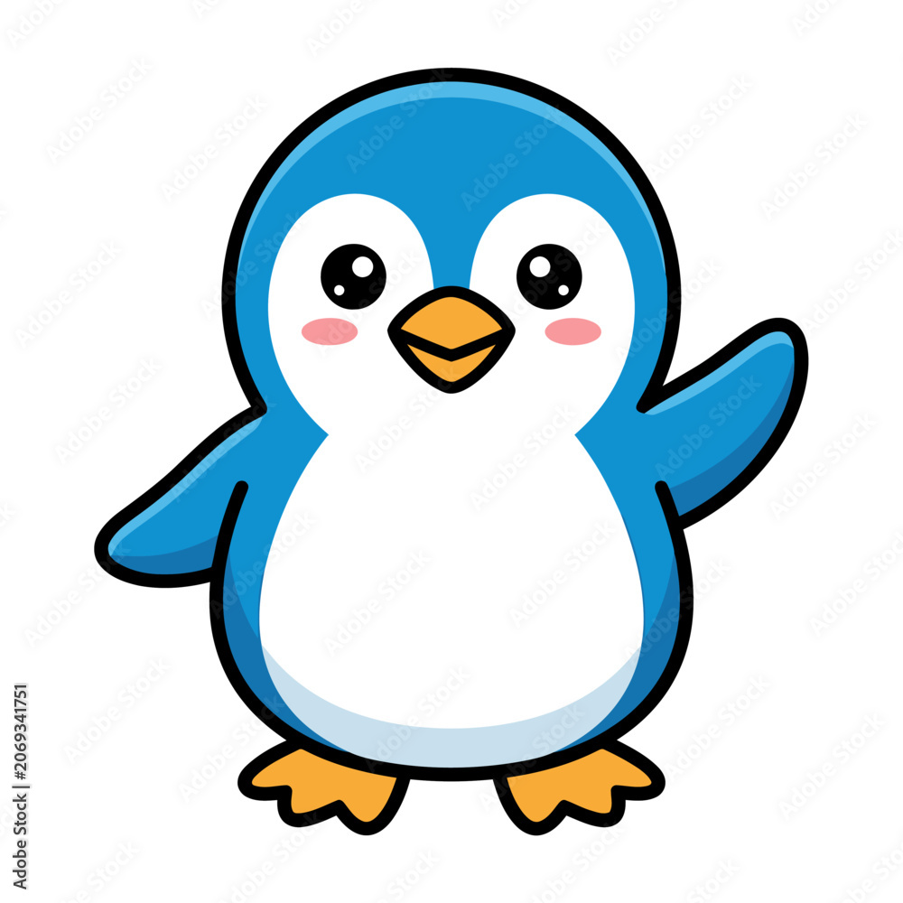 Fototapeta premium Cute Cartoon Blue Penguin Character Waving Single Vector Icon Design