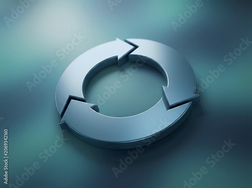 Metallic 3D recycling symbol with looping arrows on blue-green gradient background