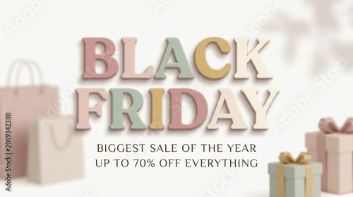3D Black Friday text mockup with pastel gift boxes and shopping bags