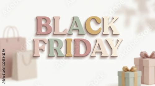 3D Black Friday text mockup near pastel shopping bags and gifts