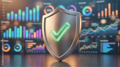 Digital security shield with glowing green checkmark protecting data network