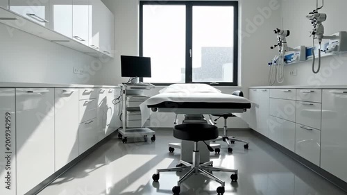 Sunlight moving across the floor of a pristine and modern medical examination room, featuring an adjustable bed, diagnostic tools, and contemporary white cabinetry in an empty hospital office