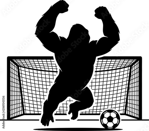 Black silhouette of a muscular man celebrating in front of a soccer goal