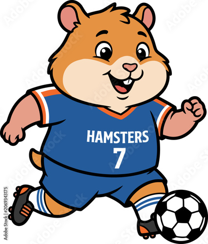 Cartoon hamster wearing blue soccer uniform playing with ball