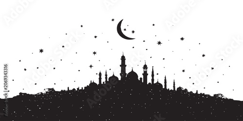 Photos Islamic city silhouette with mosque domes minarets crescent moon and stars on white background vector illustration