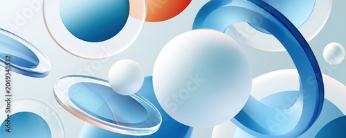 Abstract composition of blue spheres and glass rings with soft gradients and modern minimal design