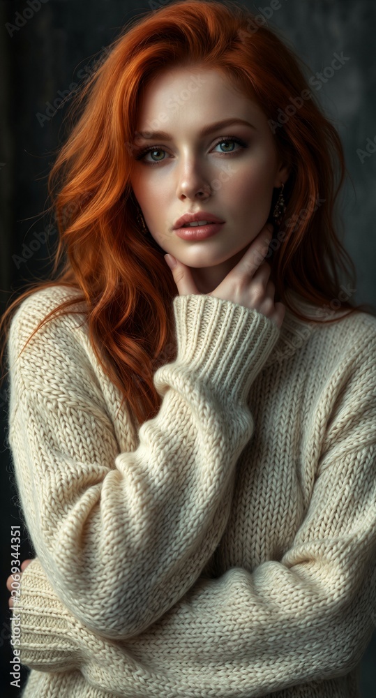 Fototapeta premium Stunning Redhead Woman Cozy Knit Sweater Portrait Moody Lighting Fashion