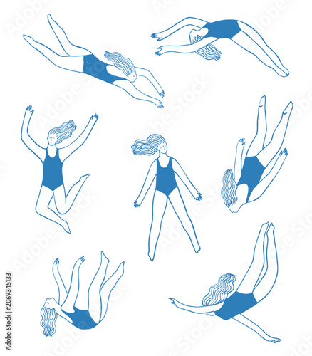 Line art swimming girl in different poses.