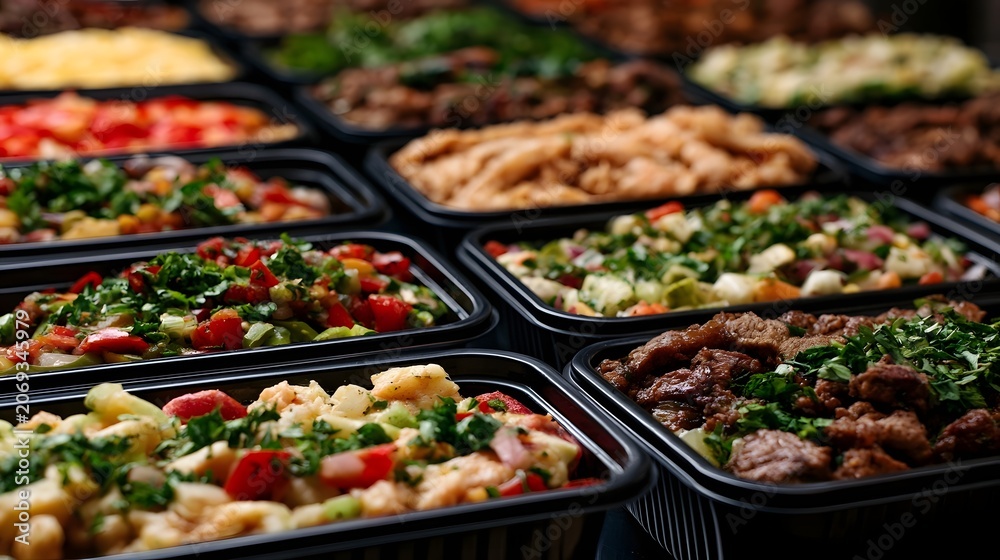 Fototapeta premium Creative stacked meal boxes neatly arranged in a soft aesthetically pleasing composition for healthy food presentation