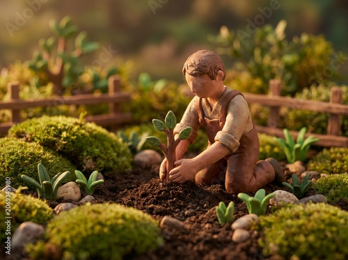 Claymation Male Gardener Planting Small Tree Sapling In Fertile Soil For Reforestation Concept