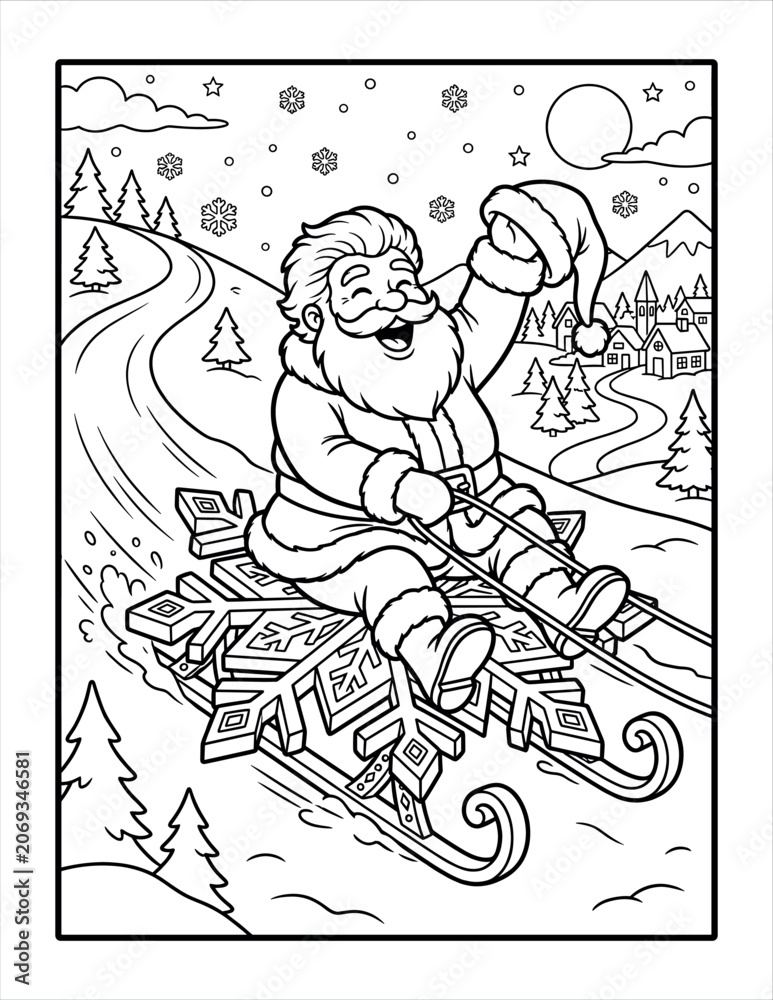 Obraz premium Santa claus riding snowflake sled on snowy road in North America, winter village in background.