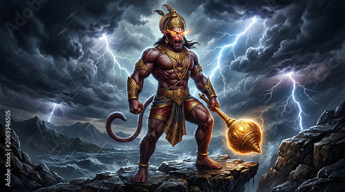 Powerful mythological warrior wielding a glowing hammer amidst stormy clouds with lightning striking in the background