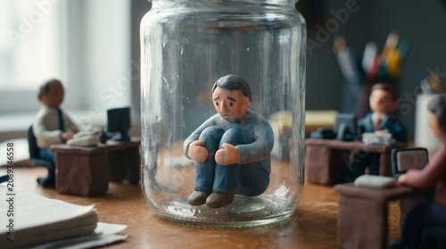 Work Anxiety Concept Miniature Clay Person Trapped In Glass Jar In Office Environment Workspace