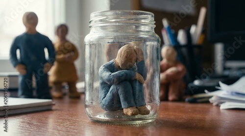 Mental Health Concept Sad Clay Figure Trapped In Glass Jar In Busy Office Workspace Environment