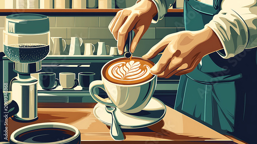 Barista skillfully prepares latte art on a cup of coffee at a cozy cafe.