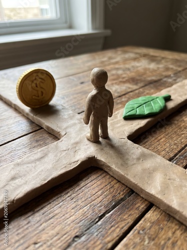 Life Path Navigation Metaphor Featuring Clay Character At Crossroads On Rustic Wood Table Layout
