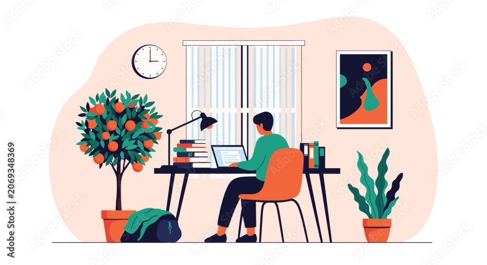 Fototapeta premium Man working on a laptop at a desk in a comfortable home office with an orange tree and a scenic wall painting.