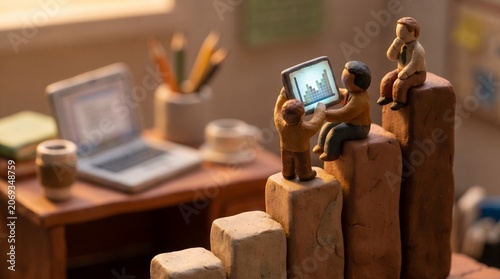 Financial Growth Concept Clay Figurines Analyzing Stock Market Chart On Bar Graph Blocks