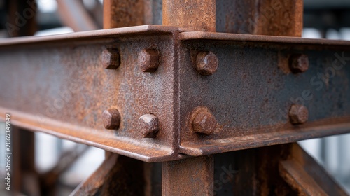 Close-up of rusted metal beams connected with bolts, showing corrosion and industrial texture