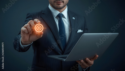 businessman holds a luminous target icon, representing focus and success, created with generative ai