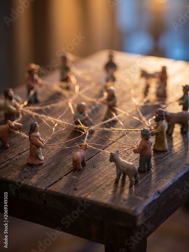 Teamwork Metaphor Featuring Clay Characters Linked With Threads On Wooden Tabletop Studio Layout