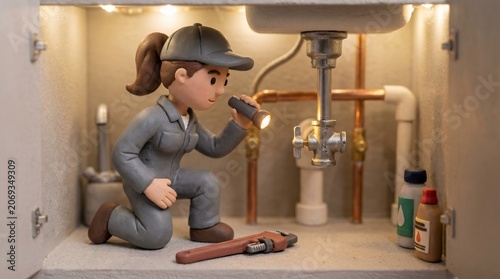 Handcrafted Miniature Female Plumber Inspecting Sink Pipes with Flashlight in Cabinet