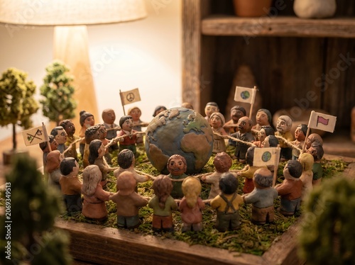 World Peace Concept Displaying Clay Figures Holding Hands Around Earth In Scale Diorama