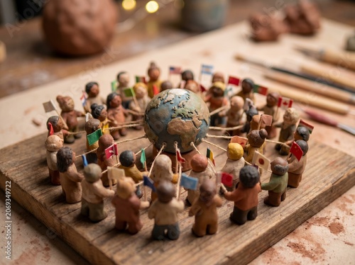 Detailed Scale Model Of Diverse Clay People Figures Holding Hands Around Miniature Earth Globe